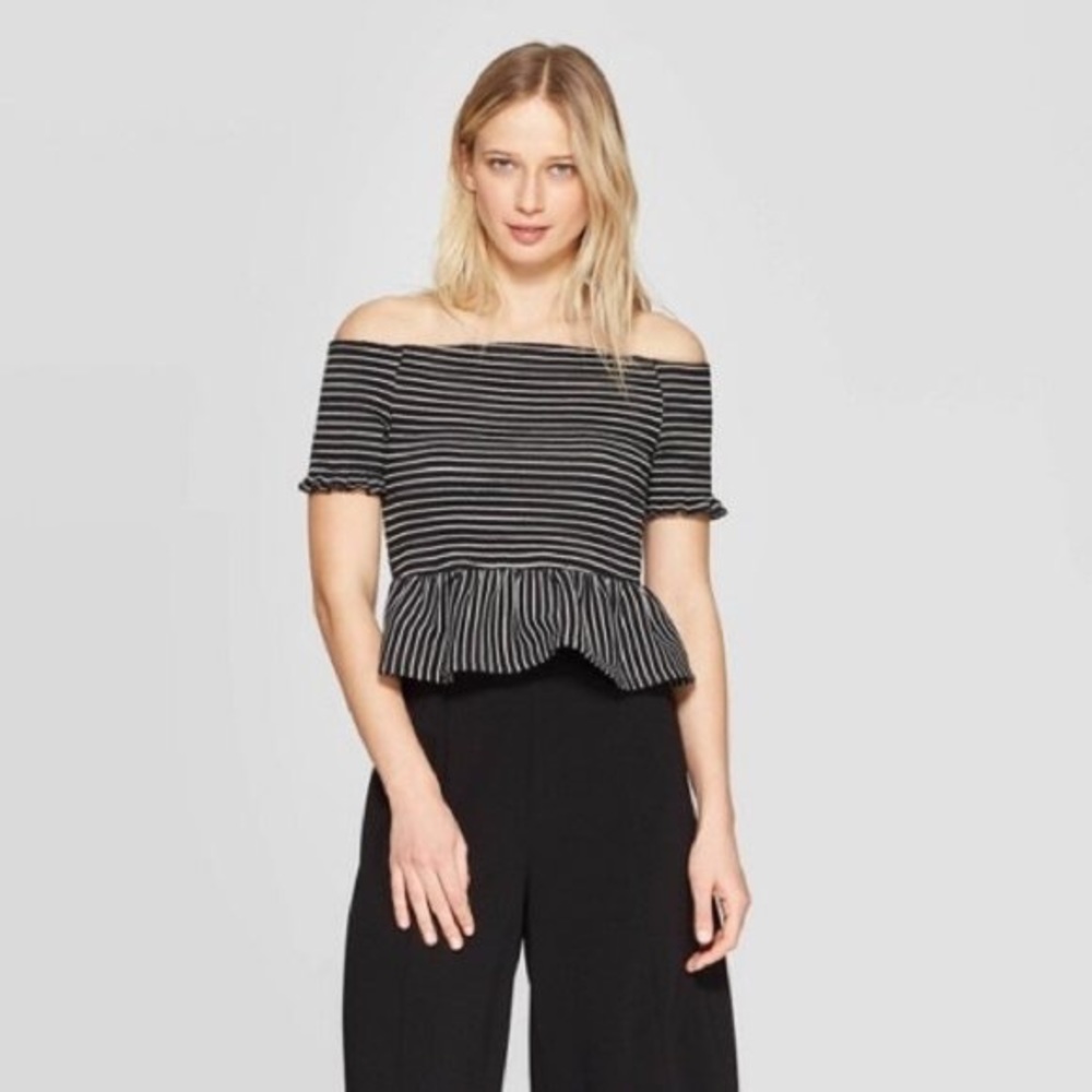 Who What Wear Black & white striped peplum off the shoulder top XS